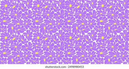 Vibrant seamless pattern of purple groovy daisy flowers with yellow centers on a white background. Perfect for textiles, wallpapers, and digital retro designs.