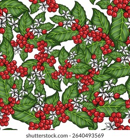 Vibrant Seamless Pattern of Red Berries with Green Leaves and White Flowers
