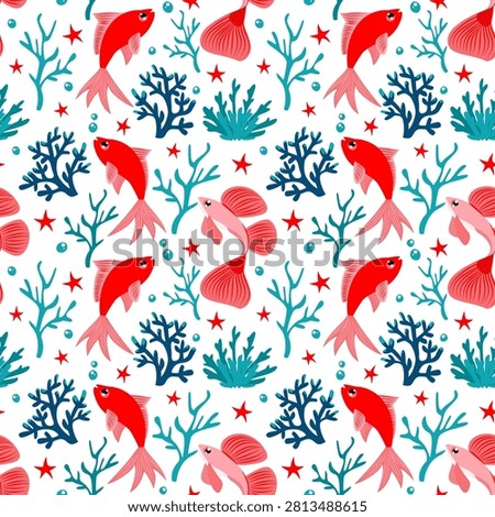 Vibrant seamless pattern with red and pink fish blue coral reefs small starfish and bubbles on white background marine underwater life vector design for fabric textile wallpaper kids apparel decor