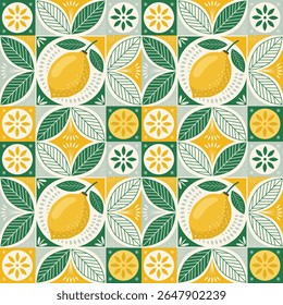 A vibrant seamless pattern with a repeating background inspired by Mediterranean tiles. Features stylized lemons and botanical leaves in yellow, green, and off-white. Ideal for home decor and textiles