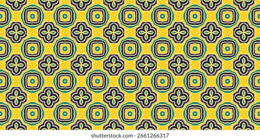 A vibrant, seamless pattern of repeating ornate floral and geometric motifs.