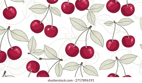 Vibrante patrón sin fisuras de cerezas rojas maduras con hojas verdes sobre un fondo claro con delicados acentos de remolino decorativo.