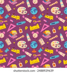 Vibrant seamless pattern with school supplies like globes, books, rulers, palettes, and scissors on a purple background. Ideal for stationery, textiles, and digital backgrounds. Flat illustration.