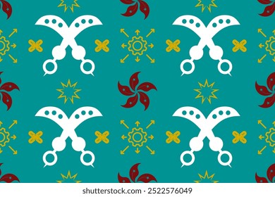 Vibrant seamless pattern with scissors and floral motifs