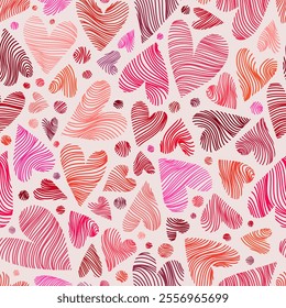 Vibrant Seamless Pattern of Serpentine Hearts and Circles in Warm Red, Pink, and Orange Tones for Valentines Day on Light Background