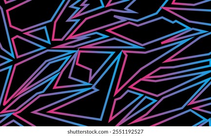 A vibrant, seamless pattern of sharp, geometric shapes in neon pink and blue against a black background.