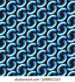 Um padrão contínuo vibrante de tubos azuis brilhantes e translúcidos em forma de C sobre um fundo preto