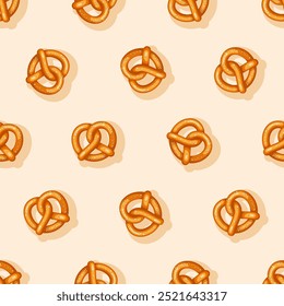 A vibrant seamless pattern showcases Oktoberfest pretzels. Vector hand drawn illustration