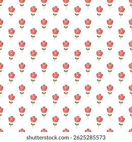 A vibrant seamless pattern showcasing pink flowers with green leaves arranged on a clean white background. Perfect for nature-themed designs, textiles, wrapping, 