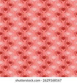 Vibrant seamless pattern showcasing red and pink spider silhouettes on a warm coral background. This energetic and bold design is perfect for seasonal decor, Halloween themes, fashion textiles