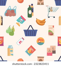 Vibrant Seamless Pattern Showcasing A Variety Of Supermarket Food Products, Including Fruits, Vegetables, Dairy Items