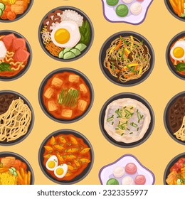 Vibrant Seamless Pattern Showcasing Various Delectable Korean Dishes, Bursting With Flavors And Colors, Perfect For Adding A Touch Of Korean Cuisine To Any Design Project. Cartoon Vector Illustration