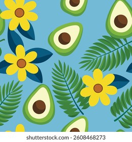 Vibrant Seamless Pattern of Sliced Avocados, Yellow Flowers, and Fern Leaves on Blue Background