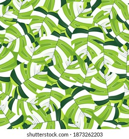 Vibrante Patrón sin foco. Saltos de vectores de la naturaleza sin foco de primavera. Impresión de vectores de Hawaii sin foco verde. Papel De Fondo De Escritorio Gráfico Tropical Eco Repetido. Patrón, Monstera