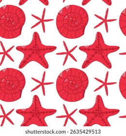 Vibrant Seamless Pattern of Starfish and Seashell Illustrations in Red. An intricate seamless pattern showcasing red starfish and seashell designs, providing a lively and marine-themed aesthetic. 