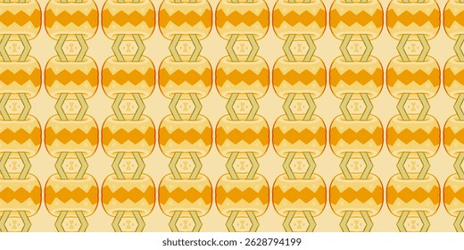 Vibrant seamless pattern of stylized tribal pots in yellow and orange hues. 