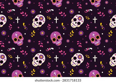 Vibrant seamless pattern with sugar skulls  in Mexican style on black background. Skeleton heads set with floral and geometric ornament. Day of the Dead. Dia de los muertos pattern. Halloween decoration. Vector illustration. 