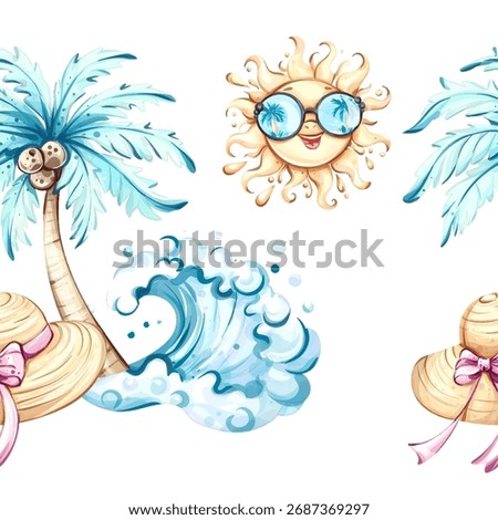 Vibrant seamless pattern of summer vacation elements featuring palm trees, a cheerful sun, beach hats, and cheerful waves, perfect for a colorful background, wallpaper, or decorative border