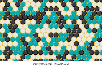 Vibrant seamless pattern of teal, black, and off-white circles arranged in a geometric design on a mustard yellow background.