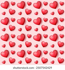 A vibrant seamless pattern of of three-dimensional red hearts scattered on a soft pink background, perfect for decoration or design purposes