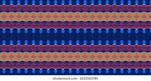 A vibrant seamless pattern with a traditional ethnic design, highlighted by rich blue tones and bright color contrasts.