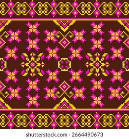 Vibrant seamless pattern of traditional Thai art. Blue flowers, red diamonds, and intricate border lines create a classic folk design. Ideal for backgrounds and ethnic-themed projects."