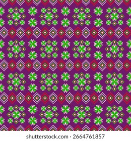 Vibrant seamless pattern of traditional Thai art. Blue flowers, red diamonds, and intricate border lines create a classic folk design. Ideal for backgrounds and ethnic-themed projects