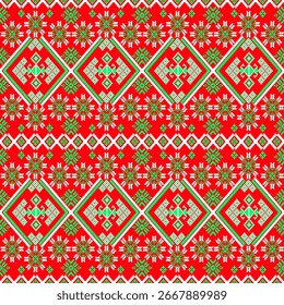 Vibrant seamless pattern of traditional Thai art. Blue flowers, red diamonds, and intricate border lines create a classic folk design. Ideal for backgrounds and ethnic-themed projects.