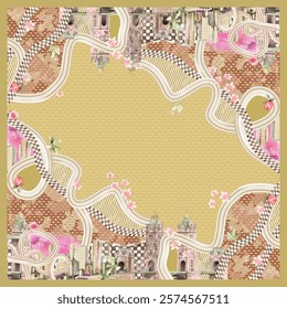 Vibrant seamless pattern of urban motifs, perfect for hijabs and scarves