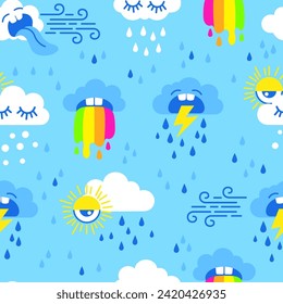 Vibrant seamless pattern. Vector hand drawn illustration. Set of weather elements in a flat cartoon style on blue background