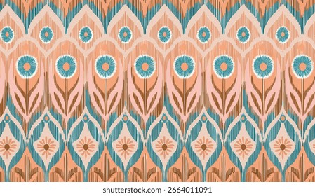 Vibrant Seamless Pattern In Warm Peach, Teal, And Brown Tones, Ideal For Textiles Or Decorative Backgrounds.