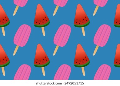 Vibrante patrón sin fisuras de sandía y helado rosa paletas sobre un fondo azul. Perfecto para proyectos y diseños de temática veraniega.