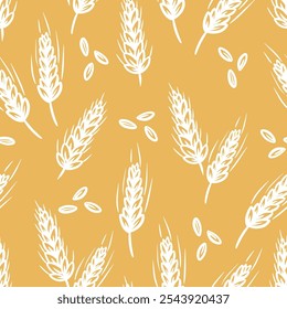 A vibrant seamless pattern of wheat stalks and grains on a warm background in a modern design style