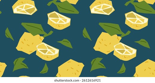 A vibrant seamless pattern with whole and sliced lemons and green leaves. Great for summer textiles, kitchen decor, fruit packaging, and natural product branding...