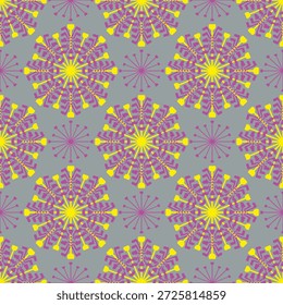 Um padrão contínuo vibrante com centros amarelos starburst e formas florais roxas em um fundo cinza. Ideal para papéis de parede, tecidos, envoltório de presente, cartazes e design de superfície moderno.