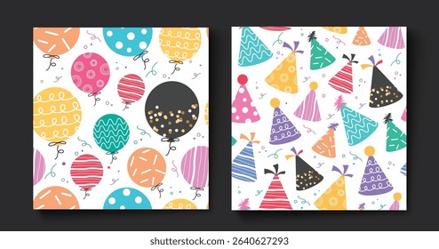 Vibrant seamless patterns featuring colorful balloons and party hats with playful doodles perfect for party décor, wrapping paper, invitations, or festive themed designs. Vector illustration