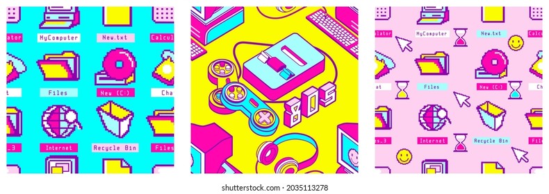 Vibrant Seamless patterns. Old computer aesthetic square poster Retro gaming and computer, user interface elements. Nostalgia pixel window.1980s -1990s style. Cool retrowave desktop background.