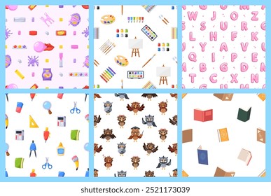 Vibrant Seamless Patterns with School Elements and Art Supplies, Alphabet, Owl Characters, and Books in a Playful Design