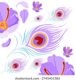 Vibrant seamless peacock pattern with elegant feathers and ornamental symmetry in purple, teal, and gold tones, perfect for textile prints, wallpaper, packaging, and decorative backgrounds.
