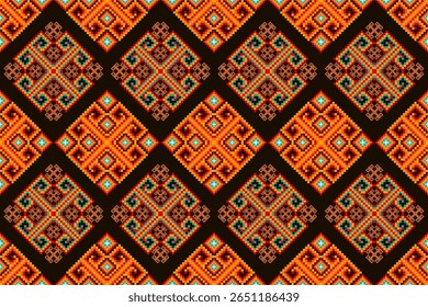 Um padrão de arte de pixel sem costura vibrante motivos geométricos étnicos em laranja ardente, vermelho e azul-petróleo brilhante em um fundo marrom escuro profundo. Ideal para têxteis, moda, fundos digitais, estética, cultural 