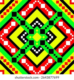 A vibrant seamless pixel pattern featuring a central star-diamond shape in yellow, red, green, and black. This energetic and colorful tribal design is ideal for use in digital textiles