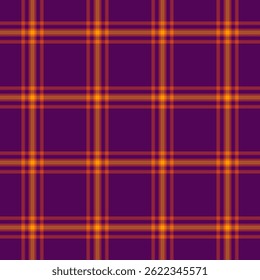 Vibrant, seamless plaid pattern in purple, orange, and yellow tones. Perfect for textile design, backgrounds, or festive themes. Versatile for web and print projects.