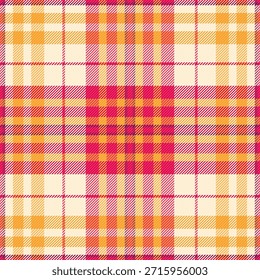 A vibrant, seamless plaid pattern with a warm palette of fuchsia, orange, and cream. Perfect for cozy textile designs, autumn fashion, festive backgrounds, or inviting digital projects.