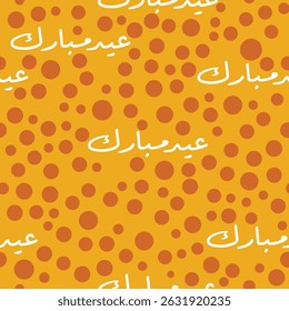 Levendige naadloze polka dot patroon met Arabische Eid Mubarak tekst op oranje achtergrond. ideaal voor feestelijke verpakking papier, oppervlakte print, en cadeau ontwerpen.