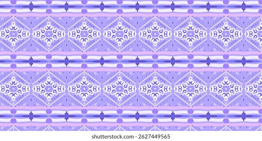 Vibrant seamless purple ethnic pattern with geometric diamonds and ornamental bands. Perfect for bohemian fashion, wrapping paper, or textile decoration.