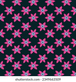 A vibrant seamless repeated floral pattern featuring blue and pink flowers on a dark background