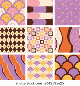 A vibrant seamless retro pattern featuring bold geometric shapes in a warm, nostalgic color palette. Inspired by 1970s design aesthetics, the pattern showcases curves, waves, and circular motifs