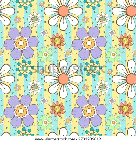 A vibrant seamless retro pattern featuring hand-drawn flowers in pastel shades of purple, orange, and white, set against a light blue and yellow striped background with decorative dots and stars.