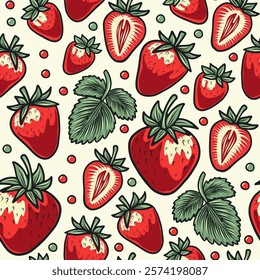 Vibrant seamless strawberry pattern, retro berries, bright colors, green leaves, vintage inspired design, bold nature botanical fruity unique modern stylish vector universal decorative rustic