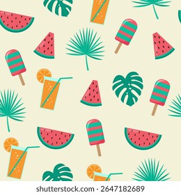 Vibrant seamless summer pattern. Features juicy watermelon, refreshing orange drinks, striped popsicles, and tropical leaves. Perfect for backgrounds, textiles, and vacation themes.